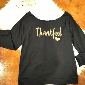 Thankful Sweatshirt with Distressed Neckline, Gold
